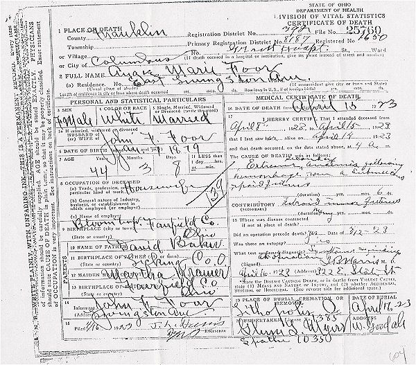 Death certificate of Angie (Baker) Foor