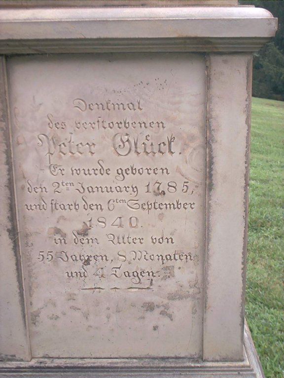 Back of the tombstone of Peter Glick; photo courtesy of Chuck Waid