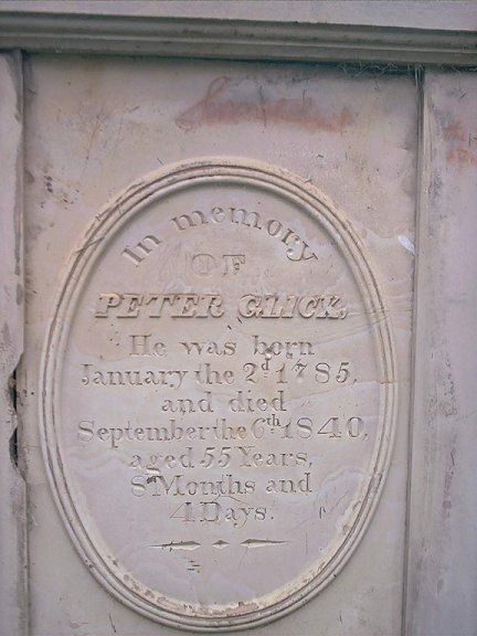 Front of the tombstone of Peter Glick; photo courtesy of Chuck Waid