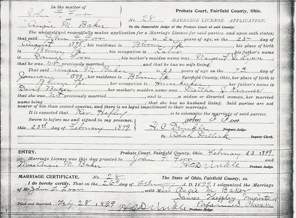 Baker/Foor Marriage License
<p align=center>For more information on these individuals, please search/view their info in the online searchable database.
<font size=