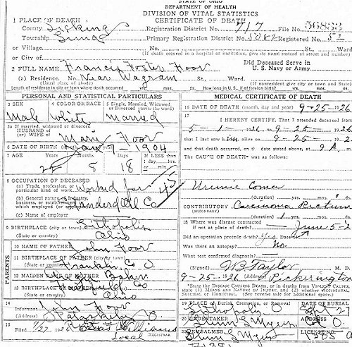 Death certificate Francis Foster Foor